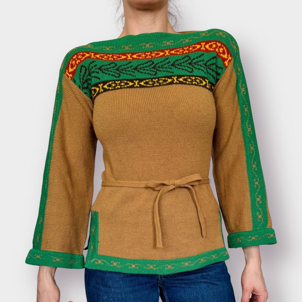 70s Tan Green Tunic Sweater‎ Size M
